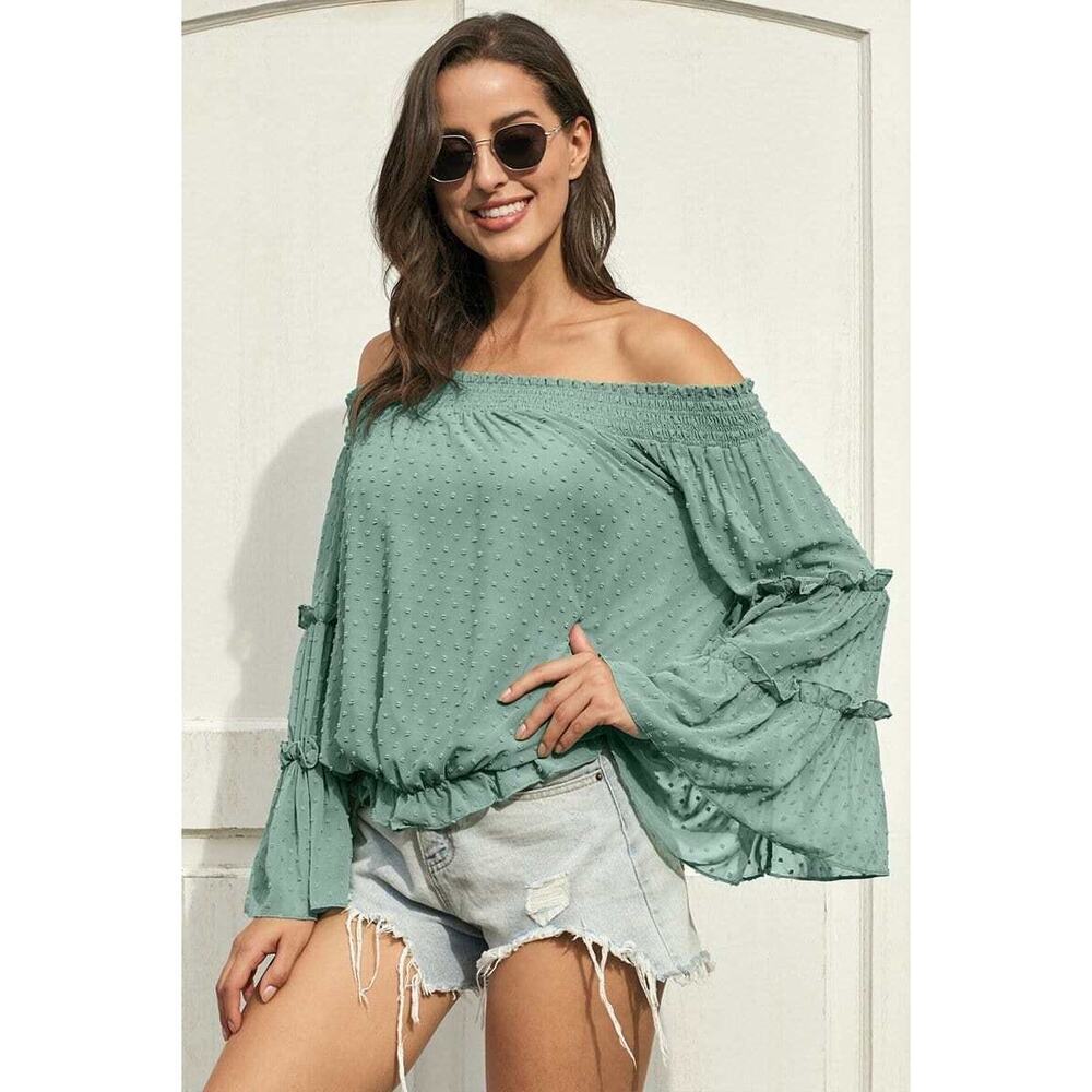NEW Ninexis Sage Green Swiss Dot Off Shoulder Smocked Sleeve Summer Top Small - Picture 2 of 15
